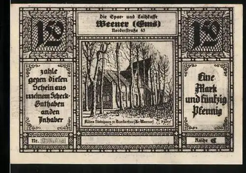 Notgeld Weener /Ems 1922, 1,50 Mark, Wappen, Rheiderländische Volkstracht, Altes Steinhaus zu Bunderhee