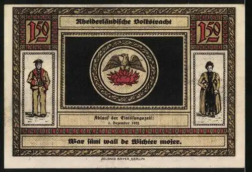 Notgeld Weener /Ems 1922, 1,50 Mark, Wappen, Rheiderländische Volkstracht, Altes Steinhaus zu Bunderhee