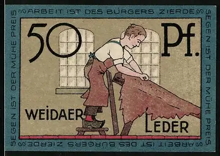 Notgeld Weida /Th., 50 Pfennig, Wappen, Handwerker mit Weidaer Leder
