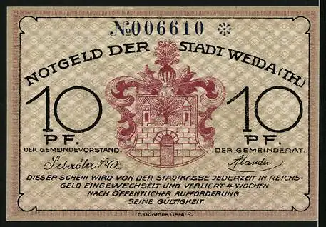 Notgeld Weida /Th., 10 Pfennig, Wappen, Weidaer Schuh-Fabrikation