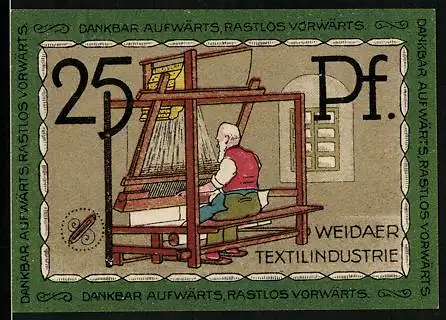 Notgeld Weida /Th., 25 Pfennig, Wappen, Weidaer Weber in der Textilindustrie