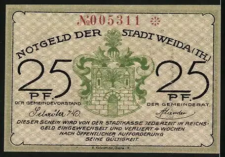 Notgeld Weida /Th., 25 Pfennig, Wappen, Weidaer Weber in der Textilindustrie