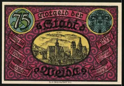 Notgeld Weida /Th. 1921, 75 Pfennig, Wappen, Rathaus, Teilansicht