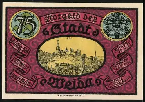 Notgeld Weida /Th. 1921, 75 Pfennig, Wappen, Ortspartie, Ortsansicht