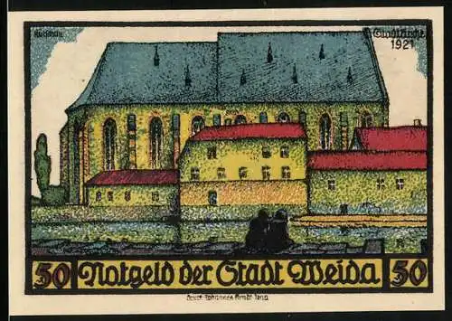 Notgeld Weida /Th. 1921, 50 Pfennig, Wappen, Stadtkirche, Ortsansicht
