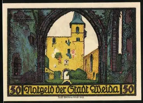 Notgeld Weida /Th. 1921, 50 Pfennig, Wappen, Ruine der Wiedenkirche, Ortsansicht