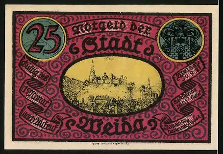 Notgeld Weida /Th. 1921, 25 Pfennig, Wappen, Quäker-Speisung, Ortsansicht