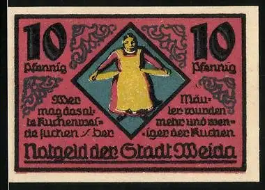 Notgeld Weida /Th. 1921, 10 Pfennig, Wappen, Weidaerin mit leeren Taschen, Ortsansicht