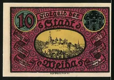 Notgeld Weida /Th. 1921, 10 Pfennig, Wappen, Weidaerin mit leeren Taschen, Ortsansicht