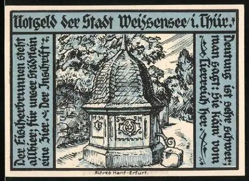 Notgeld Weissensee /Th. 1921, 25 Pfennig, Fischerbrunnen, Bauer mit Sense