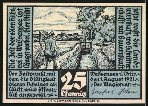 Notgeld Weissensee /Th. 1921, 25 Pfennig, Fischerbrunnen, Bauer mit Sense