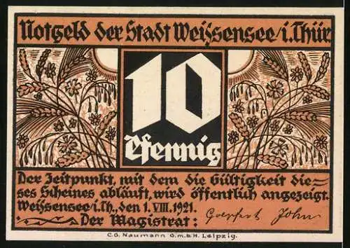 Notgeld Weissensee /Th. 1921, 10 Pfennig, Wappen, Getreide