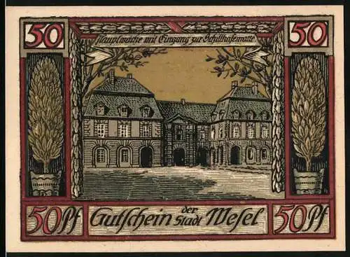 Notgeld Wesel 1921, 50 Pfennig, Wappen, Hauptwache mit Eingang zur Schillkasematte
