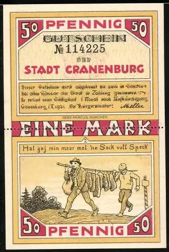 Notgeld Cranenburg 1921, 1 Mark, Männer mit Speck, Stadtwappen