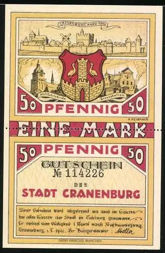 Notgeld Cranenburg 1921, 1 Mark, Männer mit Speck, Stadtwappen