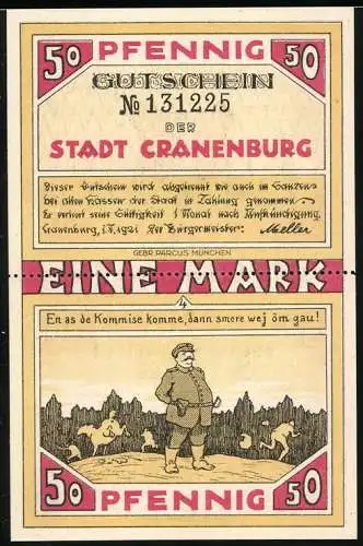 Notgeld Cranenburg 1921, 1 Mark, Soldat steht stramm, Stadtwappen
