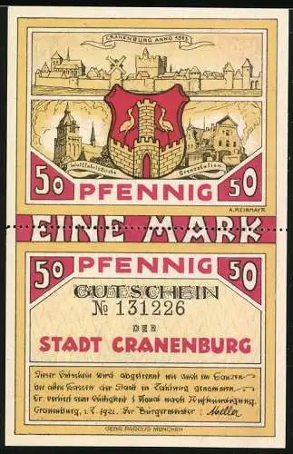 Notgeld Cranenburg 1921, 1 Mark, Soldat steht stramm, Stadtwappen
