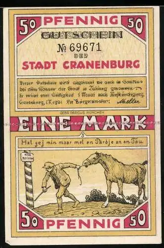 Notgeld Cranenburg 1921, 1 Mark, Mann zieht Pferd, Stadtwappen