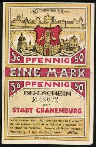 Notgeld Cranenburg 1921, 1 Mark, Mann zieht Pferd, Stadtwappen