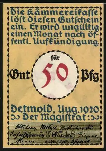 Notgeld Detmold 1920, 50 Pfennig, Soldat mit Gewehr