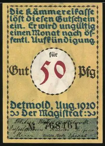Notgeld Detmold 1920, 50 Pfennig, Soldat in Uniform mit Gewehr