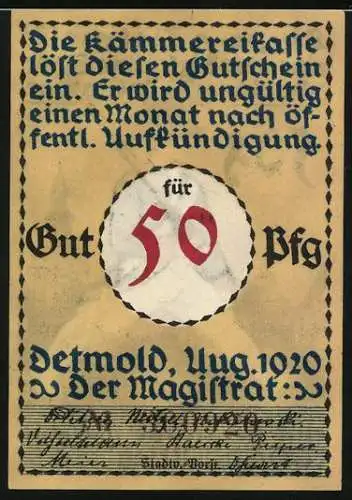 Notgeld Detmold 1920, 50 Pfennig, Soldat marschiert mit Gewehr