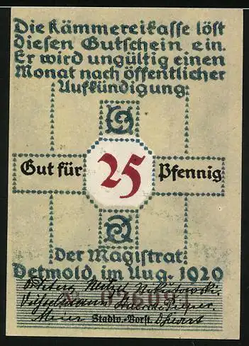 Notgeld Detmold 1920, 25 Pfennig, Hermann-Denkmal im Teutoburger Wald