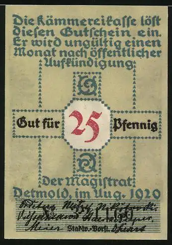 Notgeld Detmold 1920, 25 Pfennig, Hermann-Denkmal