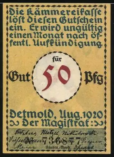 Notgeld Detmold 1920, 50 Pfennig, Soldat in Uniform am Marschieren