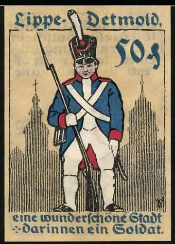 Notgeld Detmold 1920, 50 Pfennig, Soldat in Uniform steht Wache