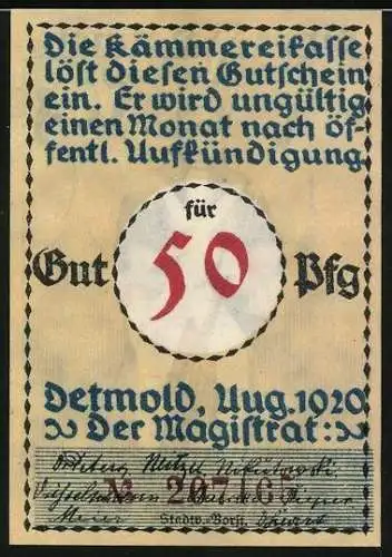 Notgeld Detmold 1920, 50 Pfennig, Soldat in Uniform steht Wache