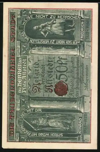 Notgeld Allstedt 1921, 50 Pfennig, Rathaus, Konrad III. und Friedrich I.