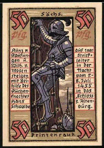 Notgeld Altenburg 1921, 50 Pfennig, Sächs. Prinzenraub, Ritter in Rüstung