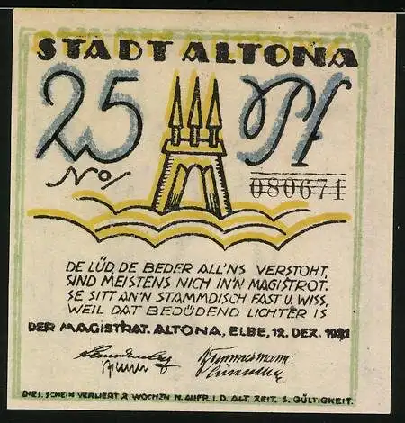 Notgeld Altona 1921, 25 Pfennig, Mann mit Zylinder vor Kleintier