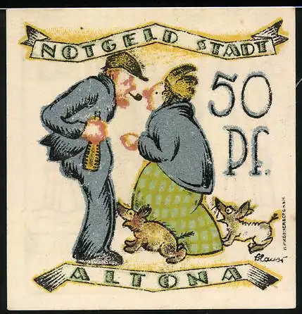 Notgeld Altona 1921, 50 Pfennig, Paar mit Pfeife und zwei Hunden