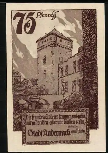 Notgeld Andernach 1920, 75 Pfennig, Burg, Stadtwappen