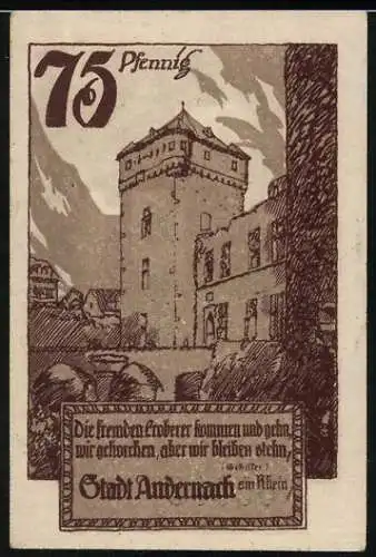 Notgeld Andernach 1920, 75 Pfennig, Burgturm, Stadtwappen