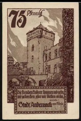 Notgeld Andernach 1920, 75 Pfennig, Stadtwappen, Hof und Burg