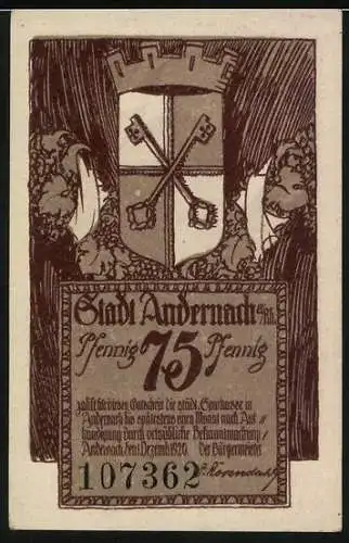 Notgeld Andernach 1920, 75 Pfennig, Stadtwappen, Hof und Burg