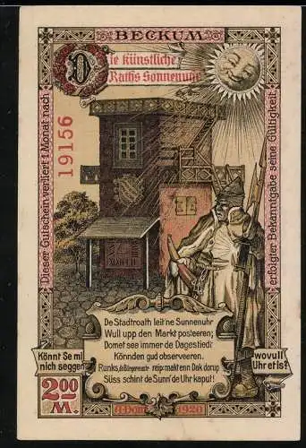 Notgeld Beckum 1920, 2 Mark, Sonnenuhr, Stadtwappen