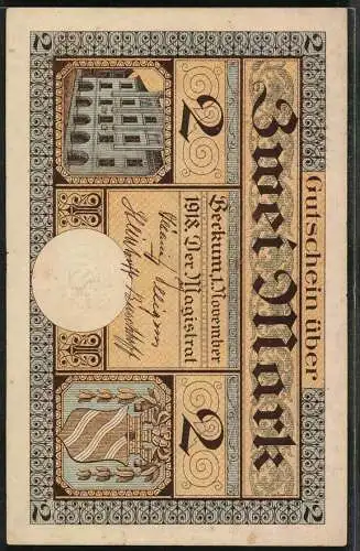 Notgeld Beckum 1918, 2 Mark, Kuh isst Grass von der Mauer