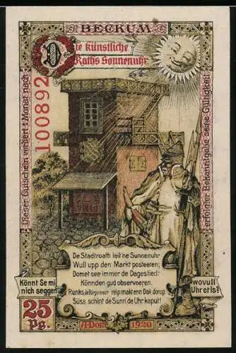 Notgeld Beckum 1920, 25 Pfennig, Raths Sonnenuhr, Stadtwappen