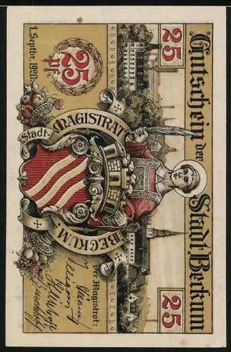 Notgeld Beckum 1920, 25 Pfennig, Raths Sonnenuhr, Stadtwappen