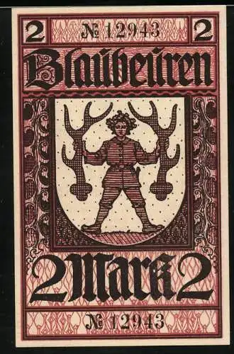 Notgeld Blaubeuren 1919, 2 Mark, Mann mit Geweihen in der Hand