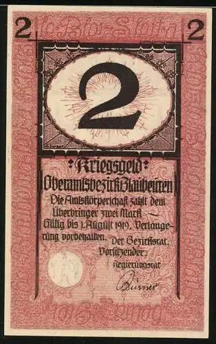 Notgeld Blaubeuren 1919, 2 Mark, Mann mit Geweihen in der Hand
