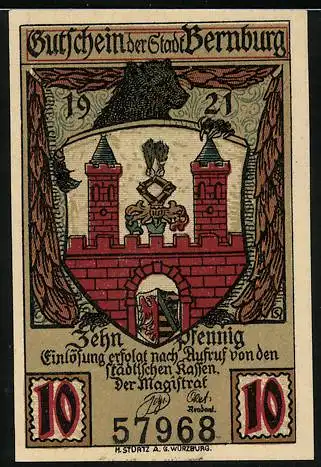 Notgeld Bernburg 1921, 10 Pfennig, Stadtwappen und Bär