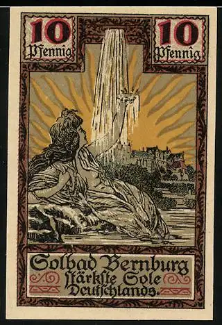 Notgeld Bernburg 1921, 10 Pfennig, Frau unterm Wasserstrahl, Stadtwappen
