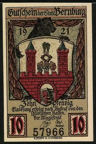 Notgeld Bernburg 1921, 10 Pfennig, Frau unterm Wasserstrahl, Stadtwappen