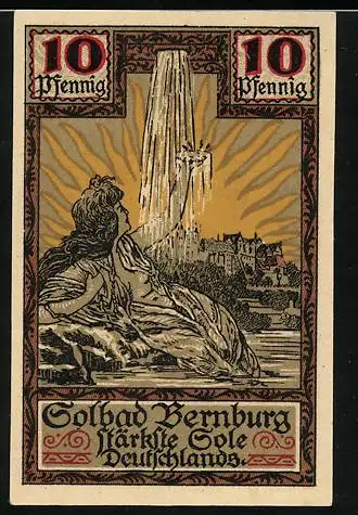 Notgeld Bernburg 1921, 10 Pfennig, Dame vor der Stadt, Wappen