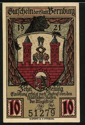 Notgeld Bernburg 1921, 10 Pfennig, Dame vor der Stadt, Wappen